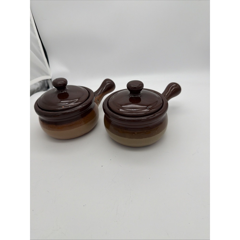 Set of 2 Vintage ~ French Onion Soup Crocks Handled Bowls with Lids Brown Glazed